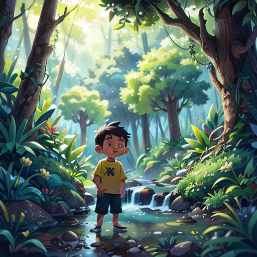 a boy standing in a forest with a stream of water in front of him and a forest background with trees and rocks