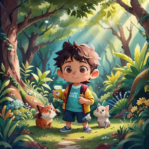 a boy with a backpack and a dog in the forest with a drink in his hand and a cat nearby