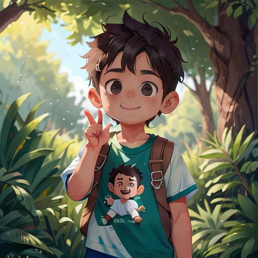 a boy with a backpack and a peace sign in front of a forest with trees and bushes, with a cartoon character on his shirt
