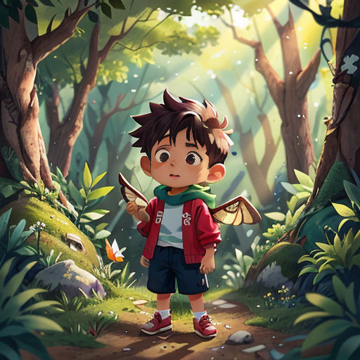 a boy in a red jacket standing in a forest with a dragon on his shoulder and a bird on his shoulder