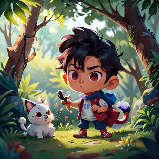 a boy and a cat in a forest with trees and bushes, one of the characters is holding a knife