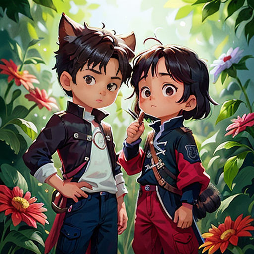 two children standing in a forest with flowers and plants around them, one of them is holding a cat's head