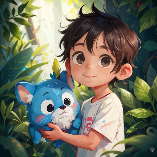 a boy holding a blue stuffed animal in a forest of plants and trees with a cat on his chest