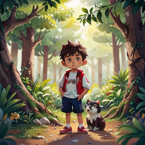 a boy standing in the middle of a forest with a dog next to him and a cat sitting on the ground