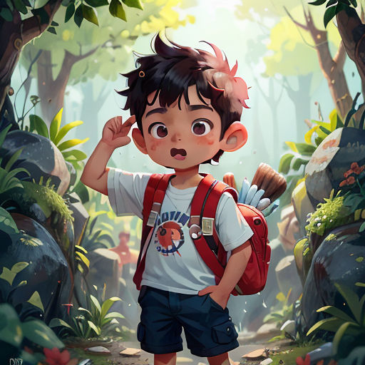 a boy with a backpack and a backpack on his back standing in a forest with a backpack on his shoulder