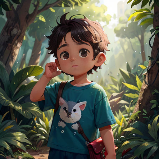 a boy in a forest with a cat on his shirt and a camera in his hand, with a forest background
