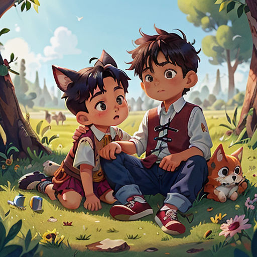 a boy and a girl sitting in the grass next to a forest with a cat and a dog on it