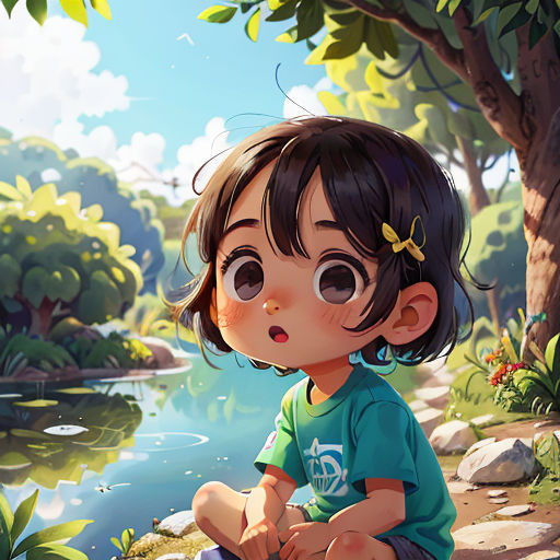 a little girl sitting on a rock next to a lake and a tree with a butterfly on it's head