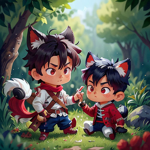 two children in the woods with a fox on their back and a fox on their back, one of them pointing at the other