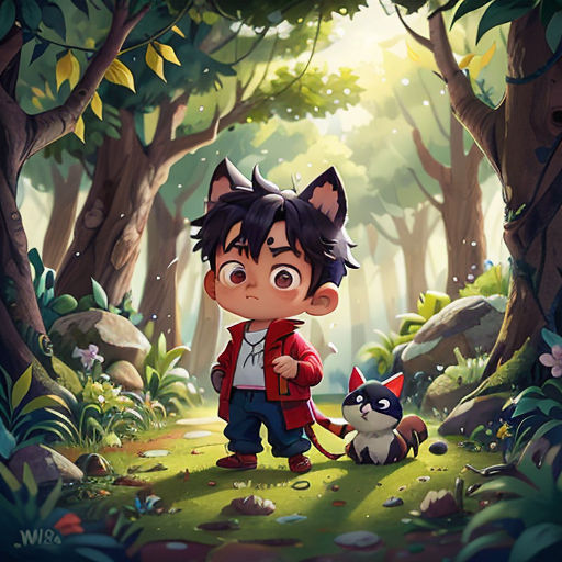 a boy and a cat in a forest with trees and rocks, with a forest background, and a cartoon character holding a cat