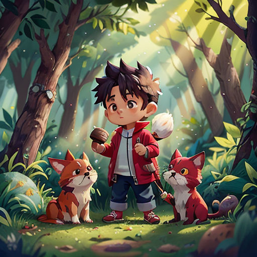 a boy standing in the woods with two foxes and a squirrel in front of him, with a forest background
