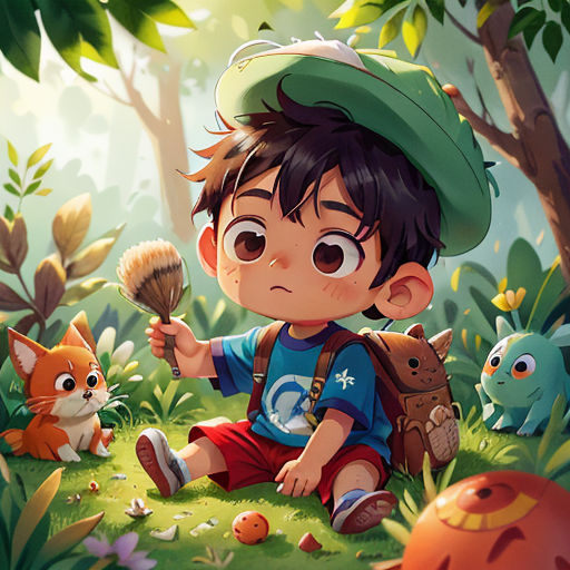 a boy sitting in the grass with a brush in his hand and a cat nearby in the woods, with a forest background