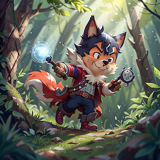 a fox with a gun in a forest with trees and leaves on the ground, and a light shining on the ground
