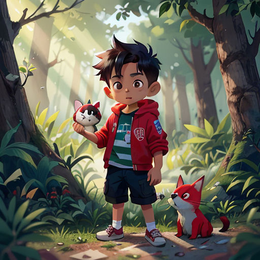 a boy holding a cat and a dog in a forest with a forest background and a forest scene with a boy and a cat