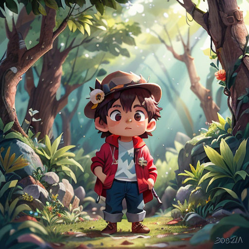 a boy in a hat and jacket standing in the woods with a backpack on his back and a backpack on his shoulder