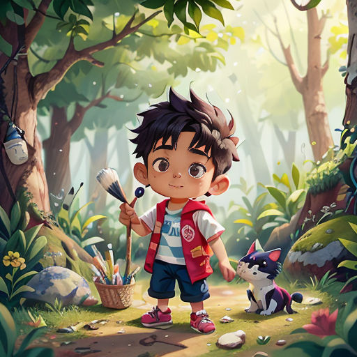 a boy with a brush and a dog in a forest with a forest background and a forest scene with a boy holding a brush and a dog