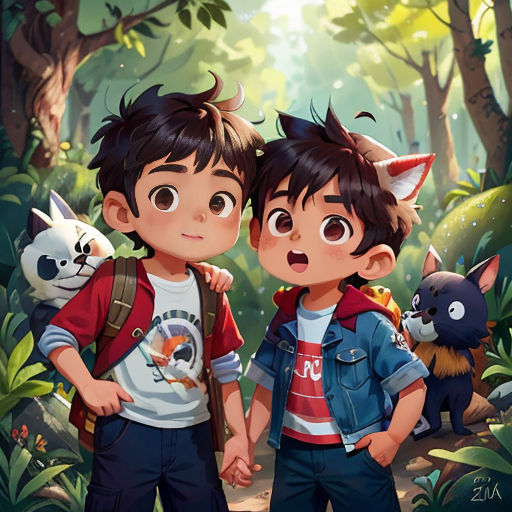 two young boys standing in the woods with cats and a dog behind them, with a forest background and a forest scene in the background