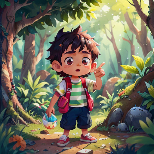 a boy with a backpack is standing in the woods with a toy in his hand and pointing to the sky