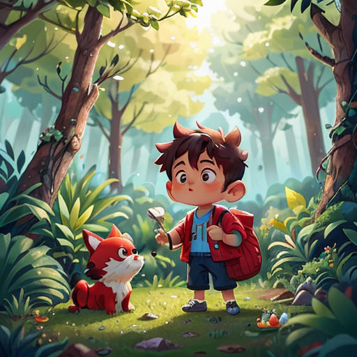 a boy in a red jacket standing in a forest with a fox and a bird in his hand and a red backpack