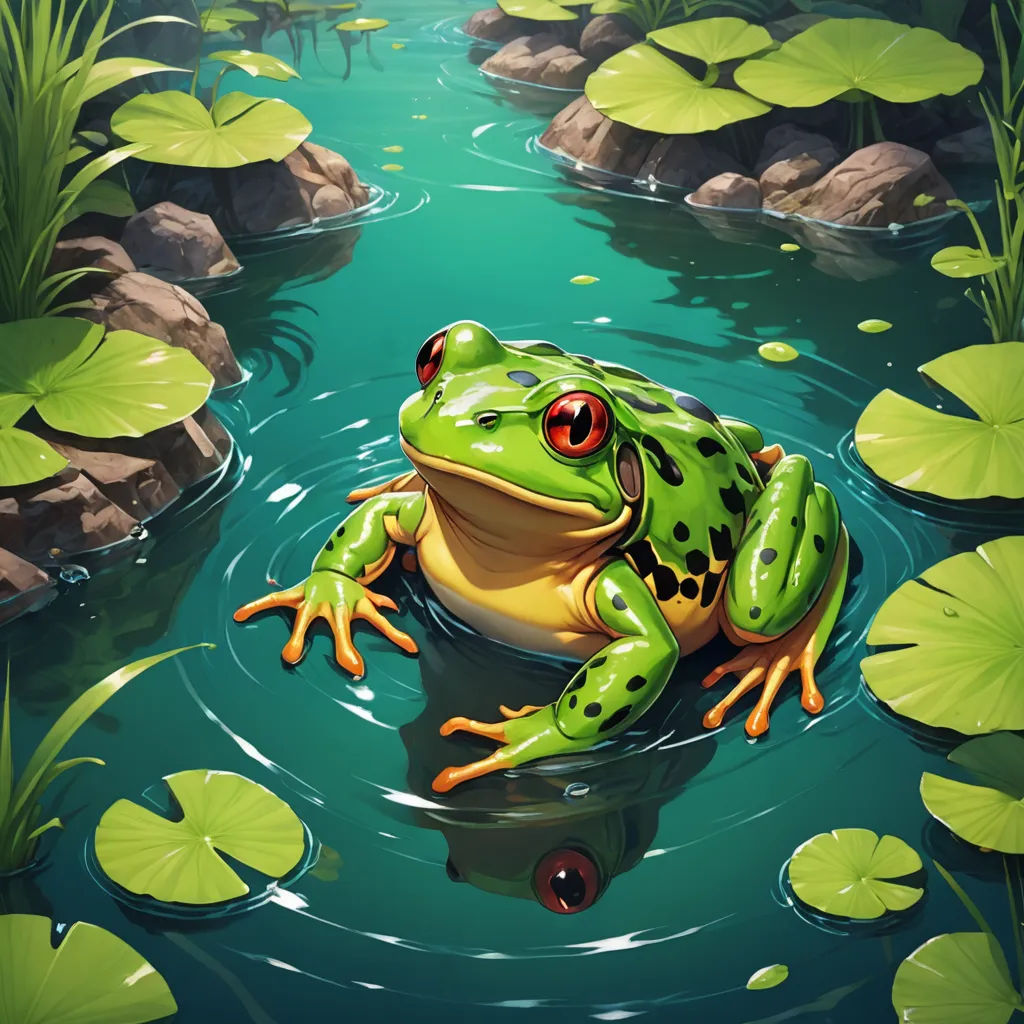 a frog sitting on a lily pad in a pond of water with lily pads around it and a green background, fantasy art, a detailed painting, Andries Stock, highly detailed digital painting