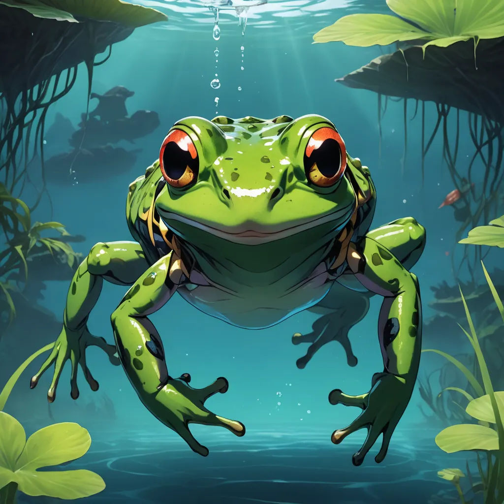 a frog with red eyes sitting on a pond with lily pads and water lilies around it, under a blue sky with a sunbeam, fantasy art, a digital painting, Andries Stock, highly detailed digital painting
