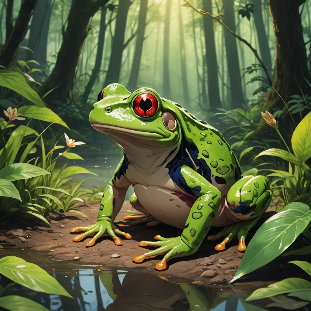 a frog with red eyes sitting on a rock in the forest next to a pond of water and plants, altermodern, concept art, Andries Stock, magic the gathering artwork