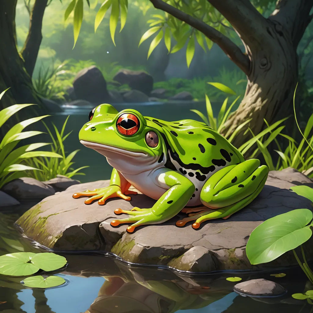 a frog sitting on a rock in a pond of water with lily pads around it and a tree in the background, fantasy art, a digital painting, Chris LaBrooy, rossdraws global illumination