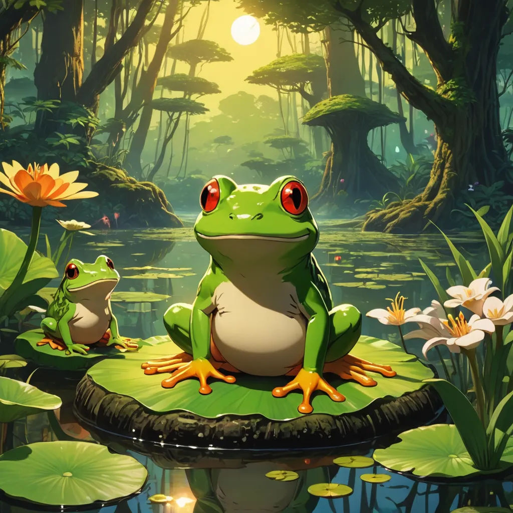 a frog and a frog sitting on a lily pad in a pond with lily pads around it and a sun shining through the trees, fantasy art, a digital painting, Chris LaBrooy, rossdraws global illumination