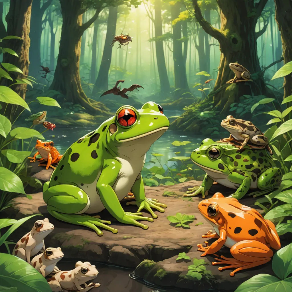 a group of frogs sitting on top of a rock in a forest next to a pond of water and flying insects, fantasy art, a storybook illustration, Chris LaBrooy, official art