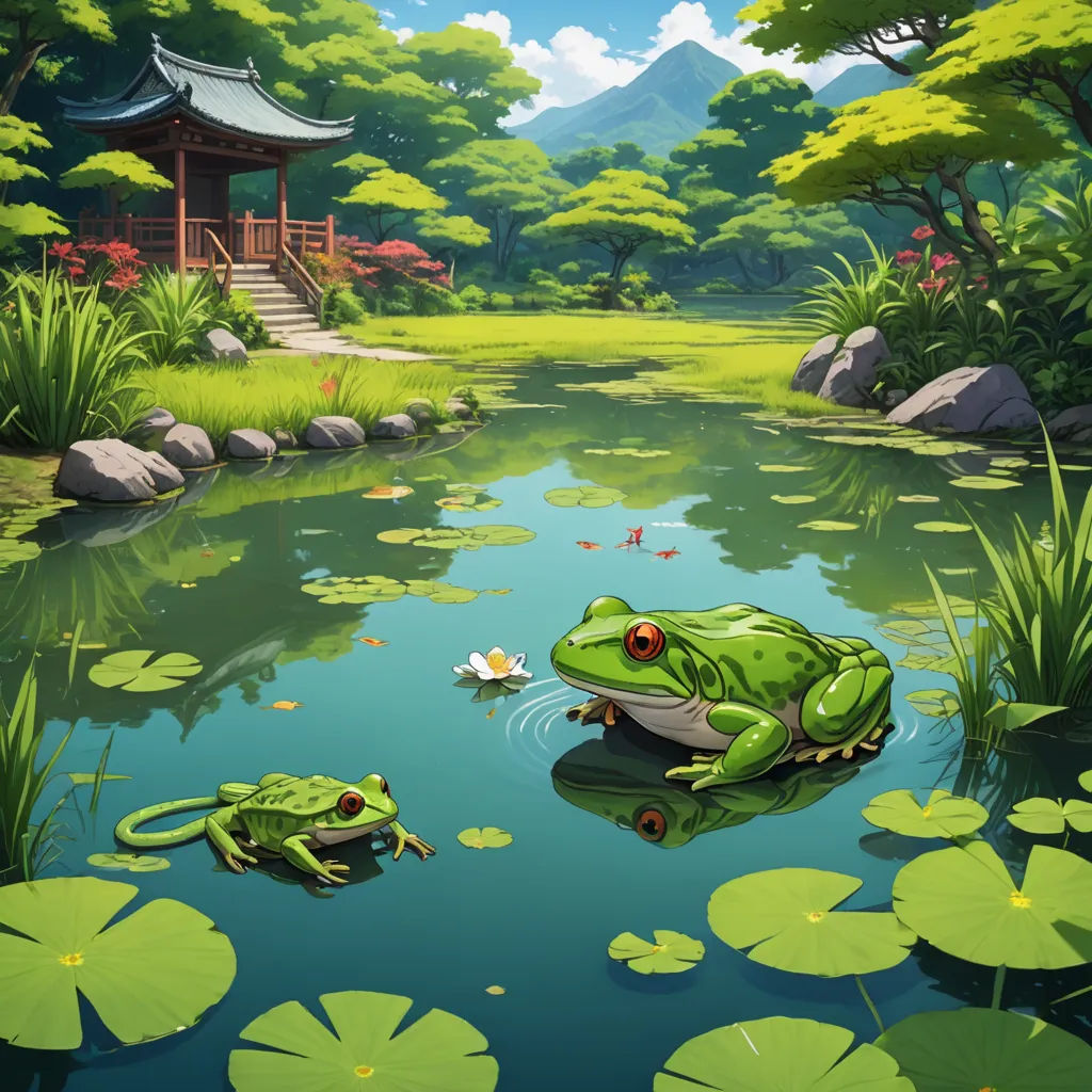 a frog sitting on a rock in a pond with lily pads and a pagoda in the background with a pagoda in the background, fantasy art, a detailed matte painting, Andreas Rocha, rossdraws global illumination
