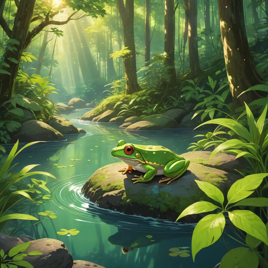 a frog sitting on a rock in a river surrounded by trees and foliages with a bright light shining on the background, fantasy art, a storybook illustration, Chris LaBrooy, official art