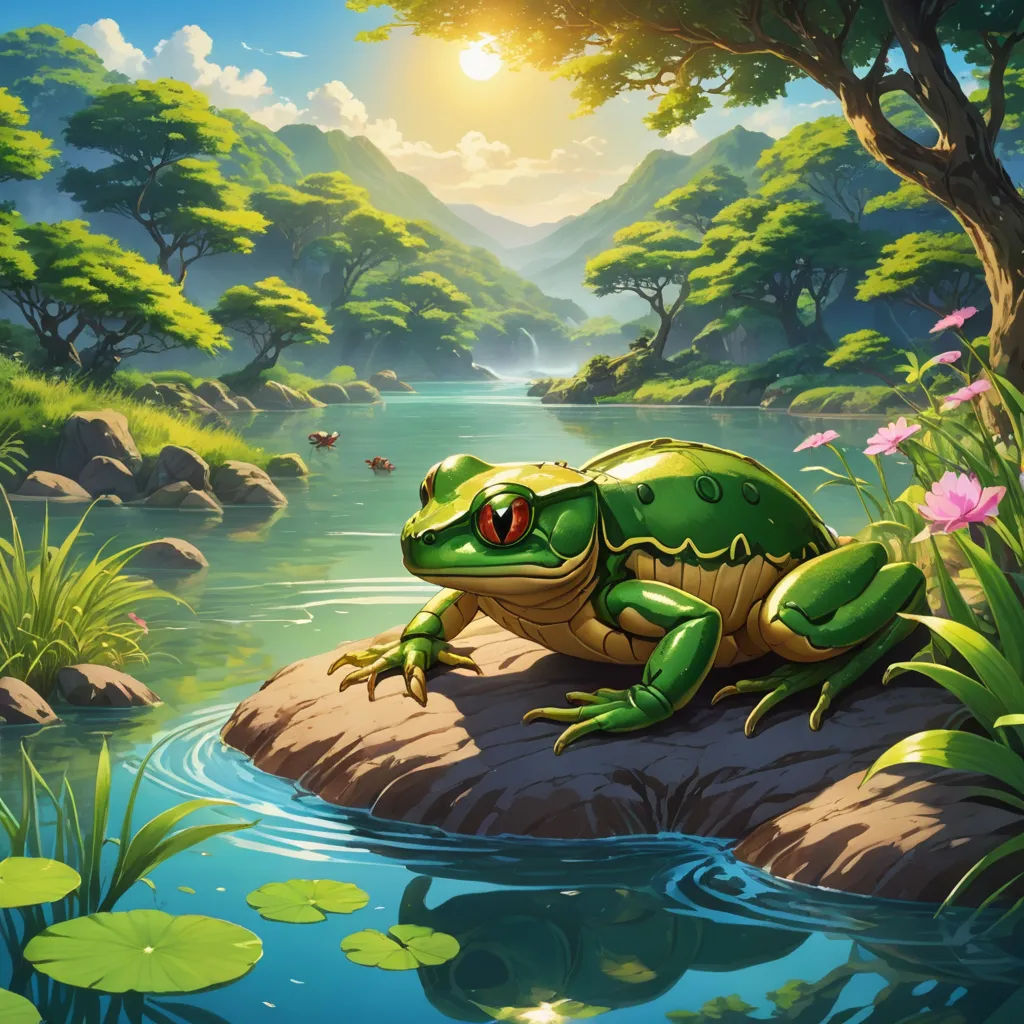 a frog sitting on a rock in a river with lily pads and a mountain background with a sun shining, fantasy art, a storybook illustration, Andries Stock, magic the gathering artwork