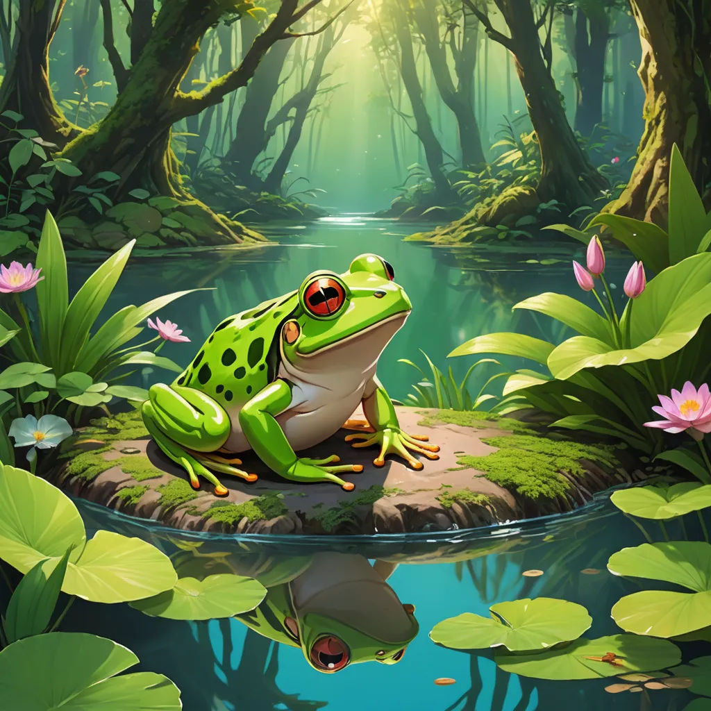 a frog sitting on a rock in a pond of water surrounded by lily pads and trees with a bright light shining in the background, fantasy art, a storybook illustration, Andries Stock, nature