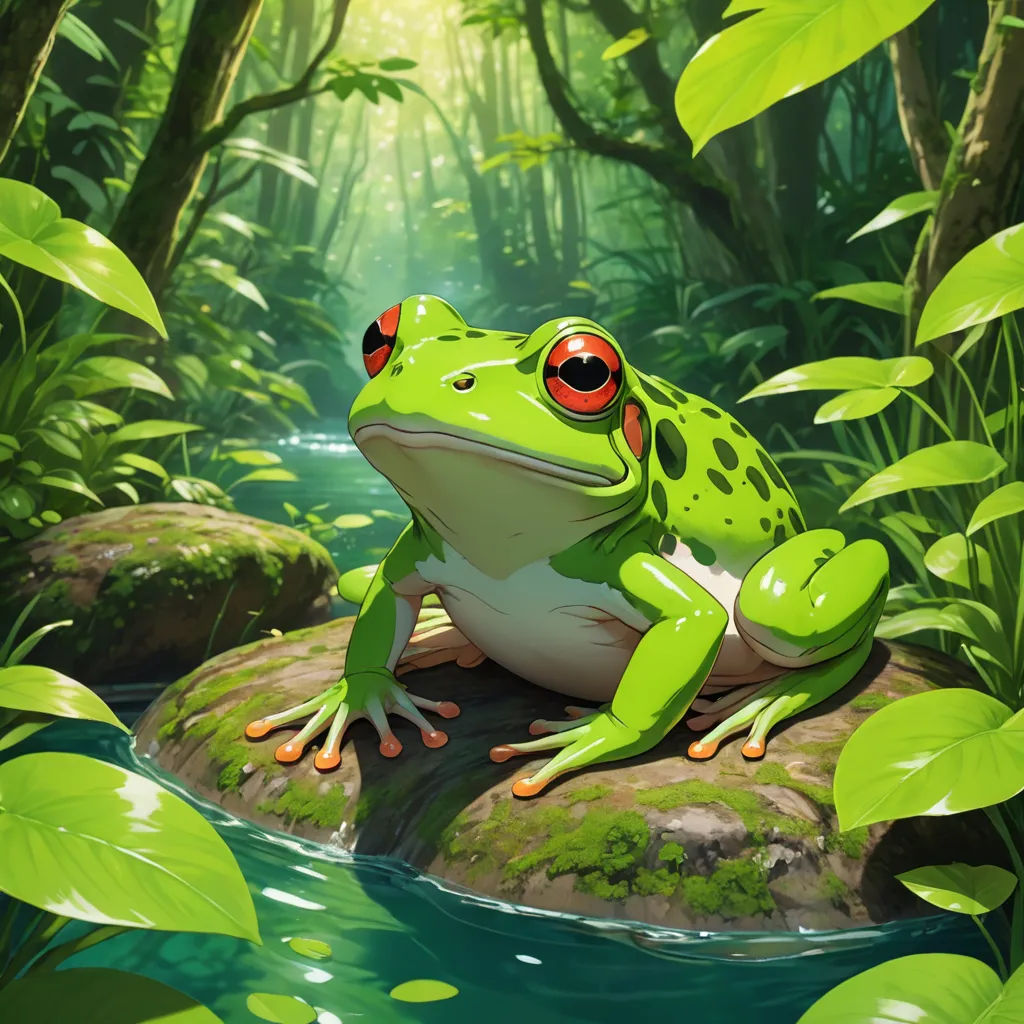 a frog sitting on a rock in a forest with a stream of water and green plants surrounding it, with bright red eyes, fantasy art, a digital painting, Andries Stock, magic the gathering artwork