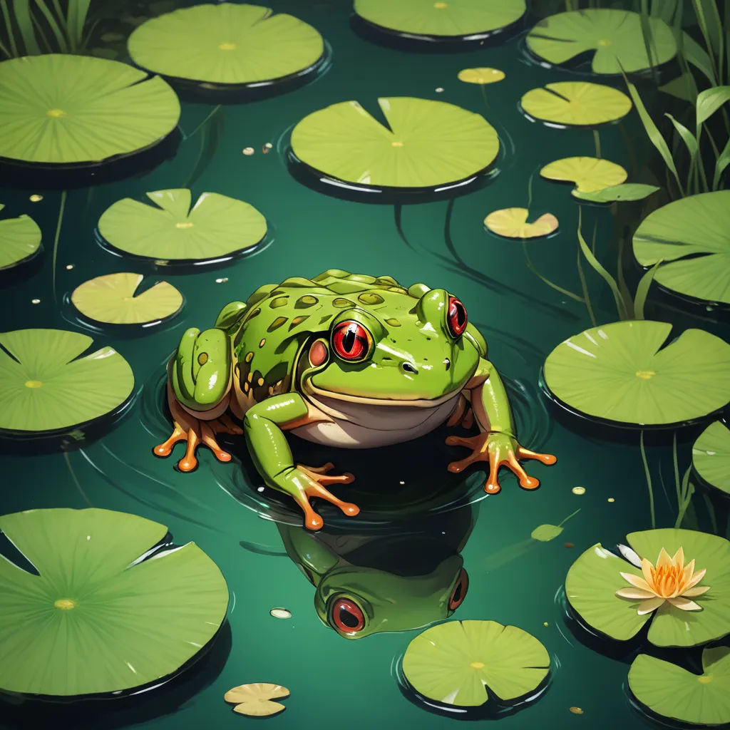 a frog sitting on top of a green lily pad in a pond of water lilies and lily pads, fantasy art, a digital painting, Andries Stock, highly detailed digital painting