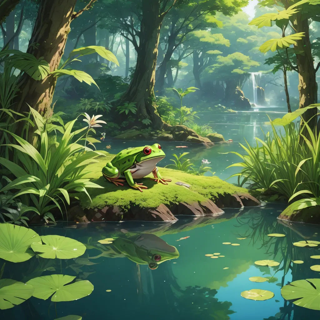 a frog sitting on a rock in a forest by a pond of water with lily pads and a waterfall, fantasy art, a detailed matte painting, Andreas Rocha, rossdraws global illumination
