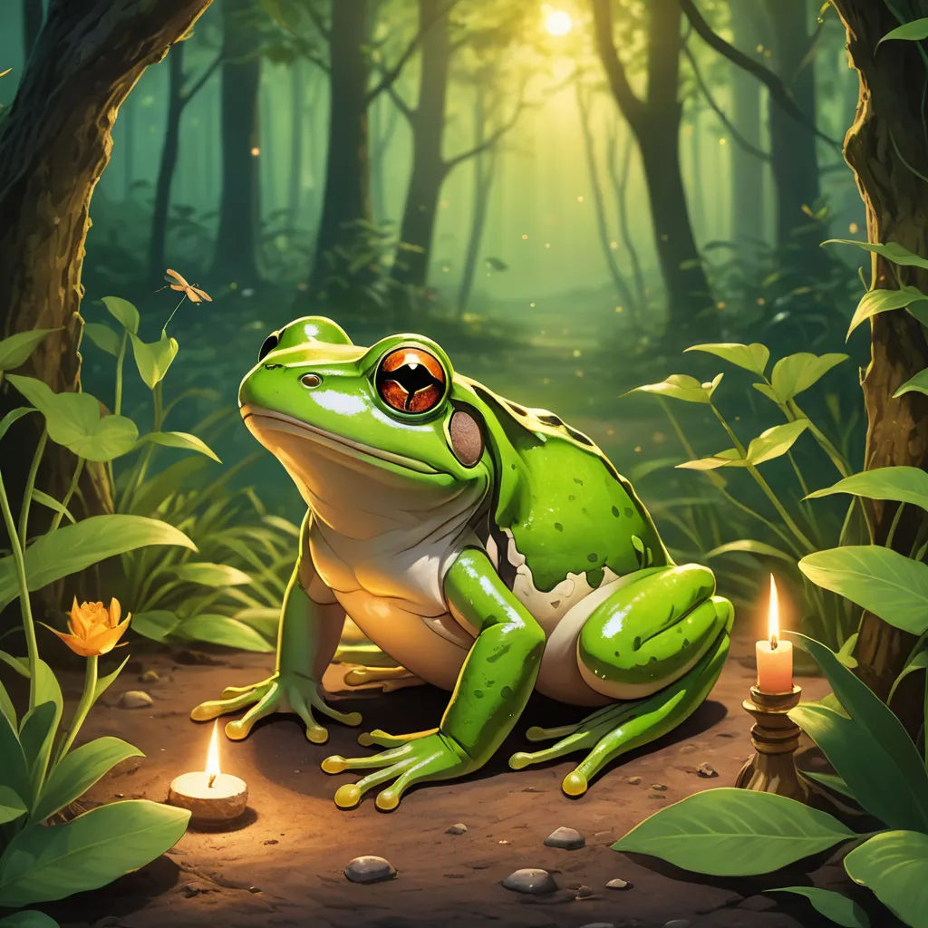 a frog sitting on a rock in a forest with a candle in its mouth and a butterfly flying above, altermodern, concept art, Andries Stock, magic the gathering artwork