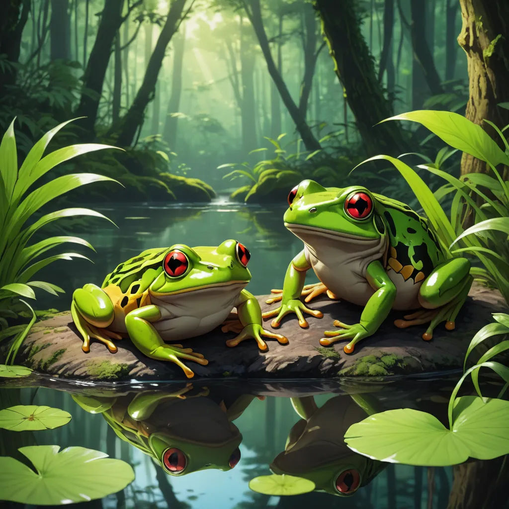 two frogs sitting on a rock in a forest with water and plants around them, with a pond in the foreground, fantasy art, a digital painting, Andries Both, highly detailed digital painting