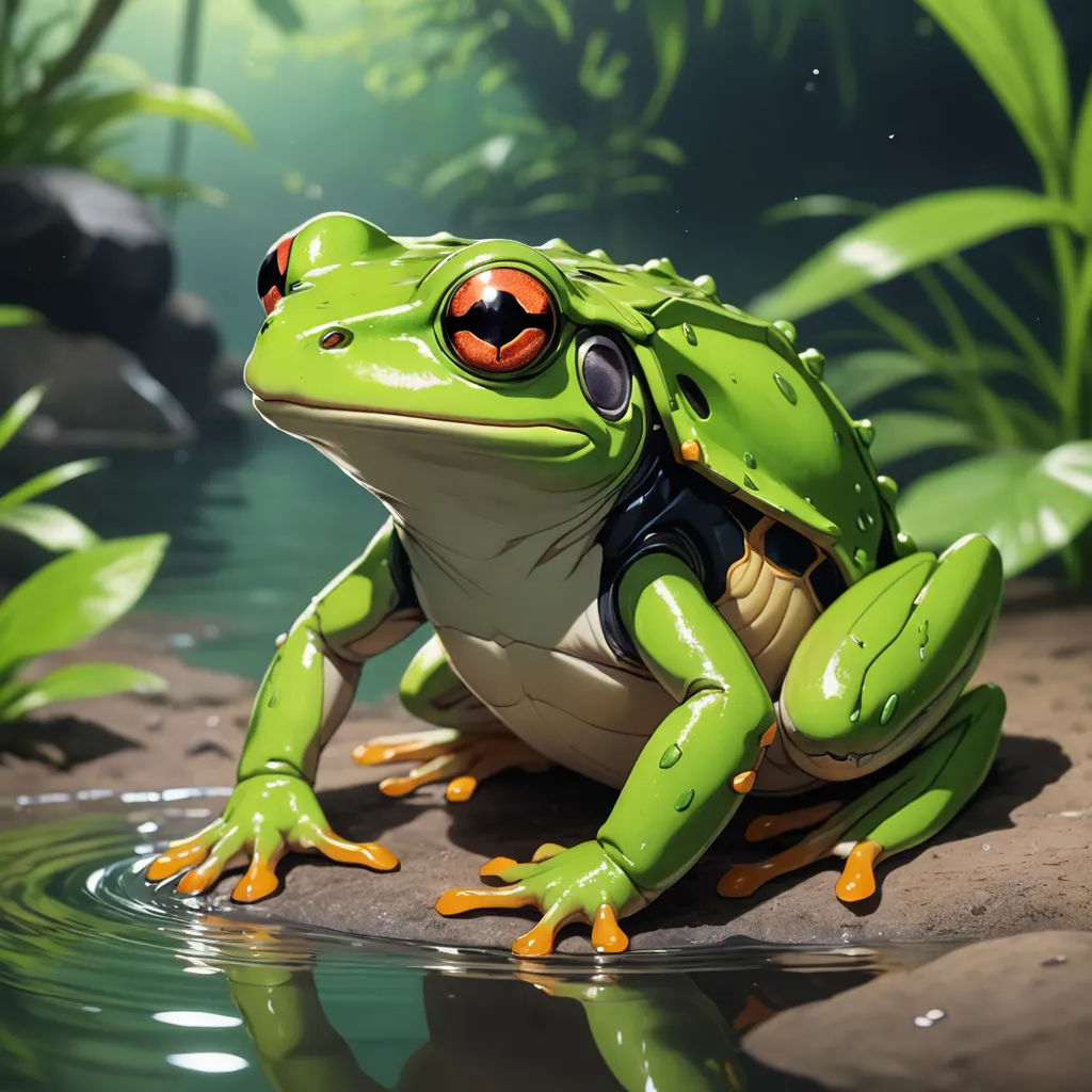 a frog with a red - eyed eye sitting on a rock next to a pond of water and plants, fantasy art, a digital painting, Andries Stock, highly detailed digital painting