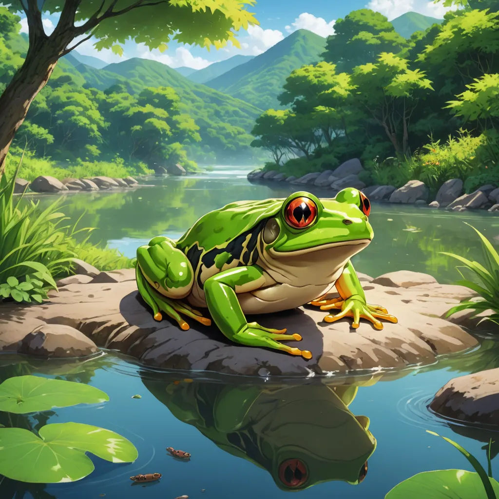 a frog sitting on a rock in a pond of water with lily pads and a mountain range in the background, fantasy art, a storybook illustration, Andries Stock, highly detailed digital painting
