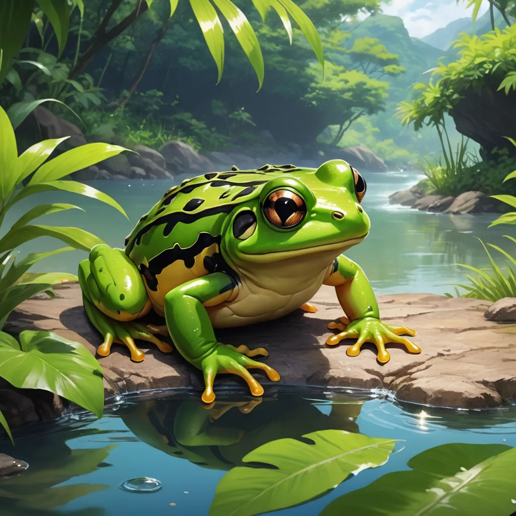 a frog sitting on a rock next to a pond of water and plants with a green leafy background, fantasy art, an airbrush painting, Chris LaBrooy, magic the gathering artwork
