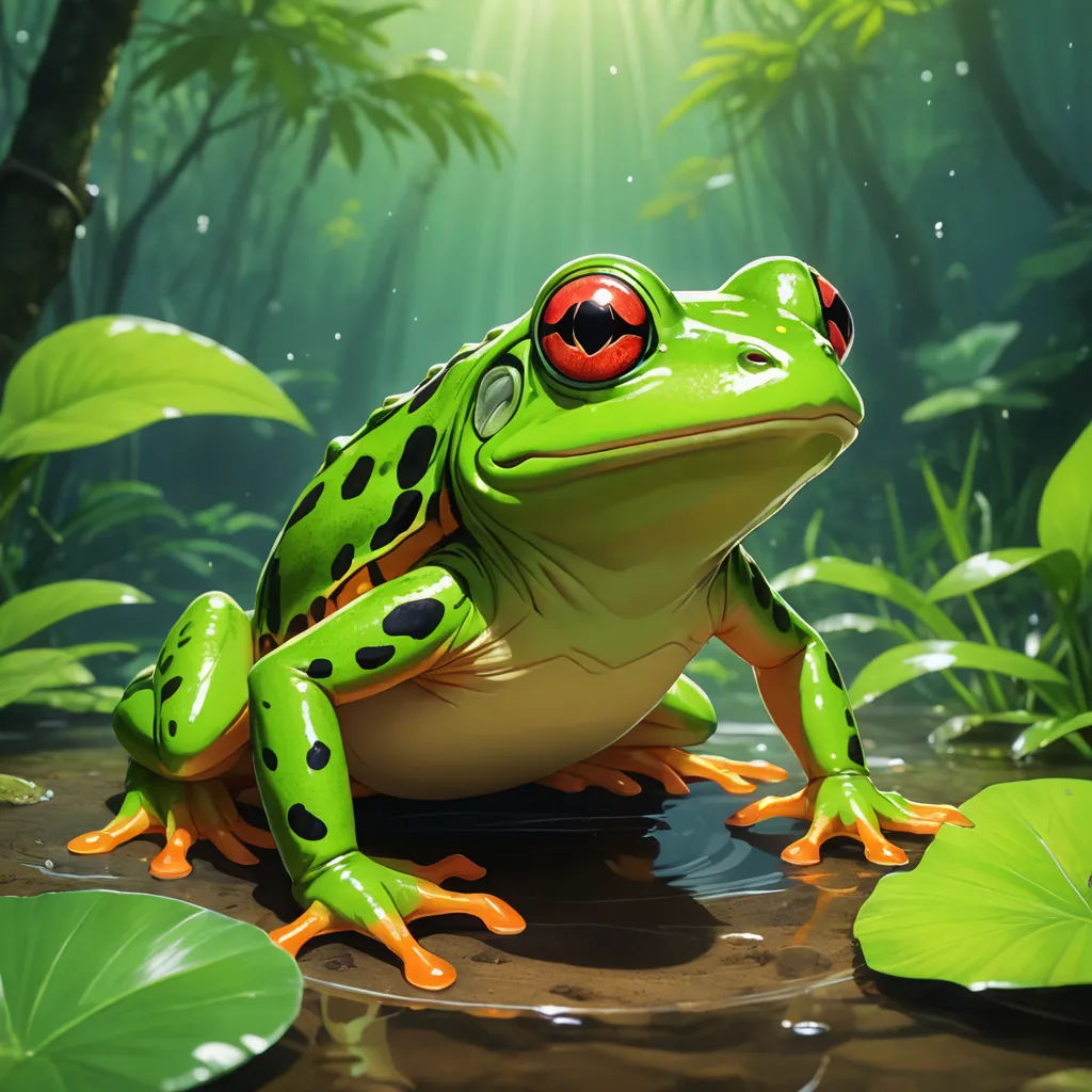 a frog with red eyes sitting on a leafy pond with lily pads and green leaves surrounding it, with sunlight shining through the leaves, fantasy art, a 3D render, Andries Stock, highly detailed digital painting