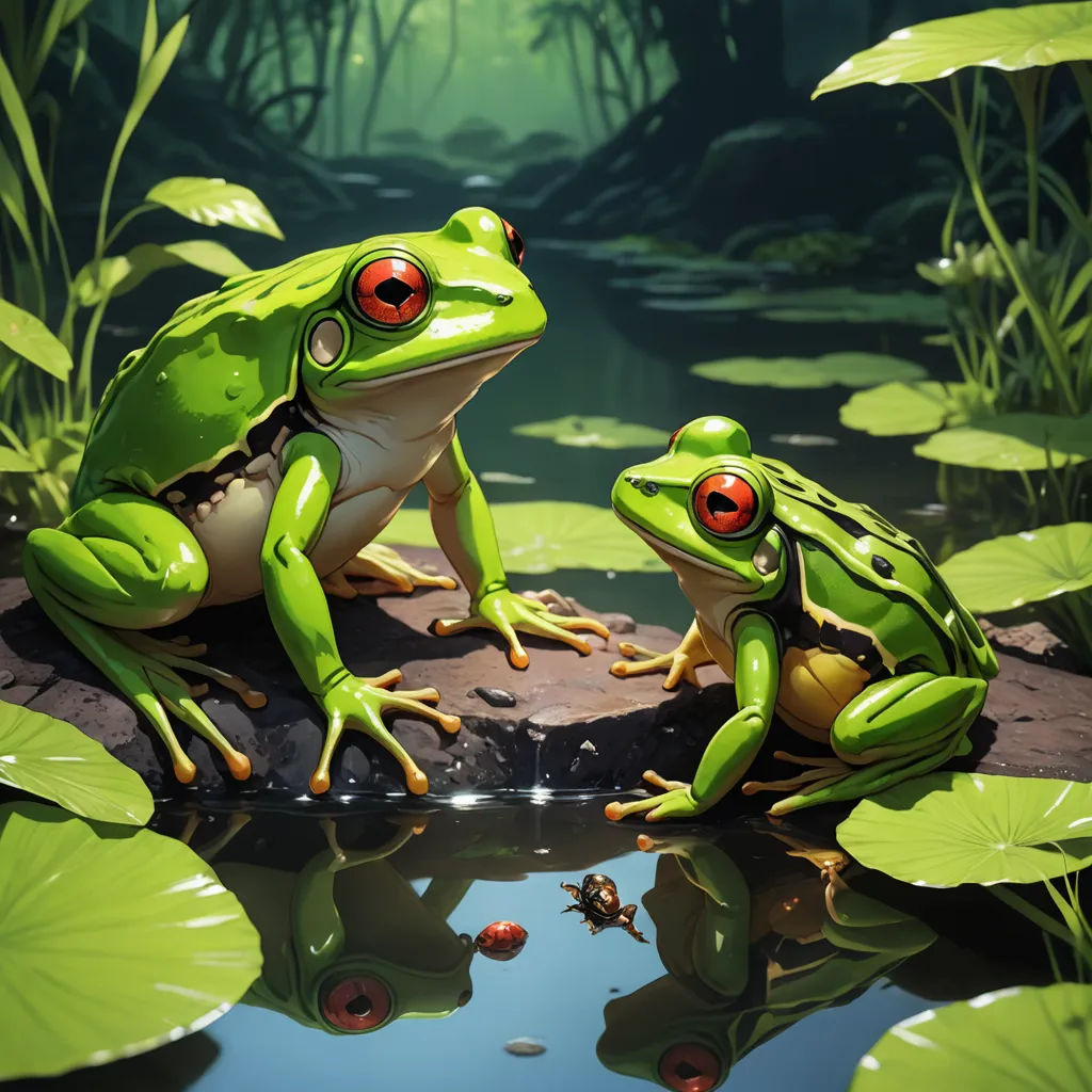two frogs sitting on a rock next to a pond of water with lily pads on the ground and a green leafy background, fantasy art, a digital painting, David Martin, highly detailed digital painting