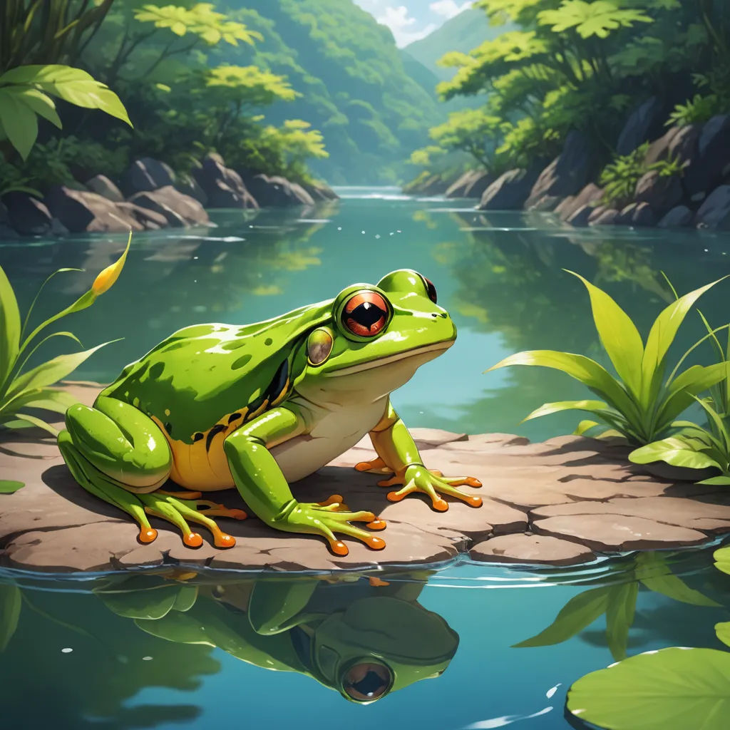 a frog sitting on a rock in front of a river with a forest in the background and a green leafy area, fantasy art, a digital painting, Chris LaBrooy, highly detailed digital painting
