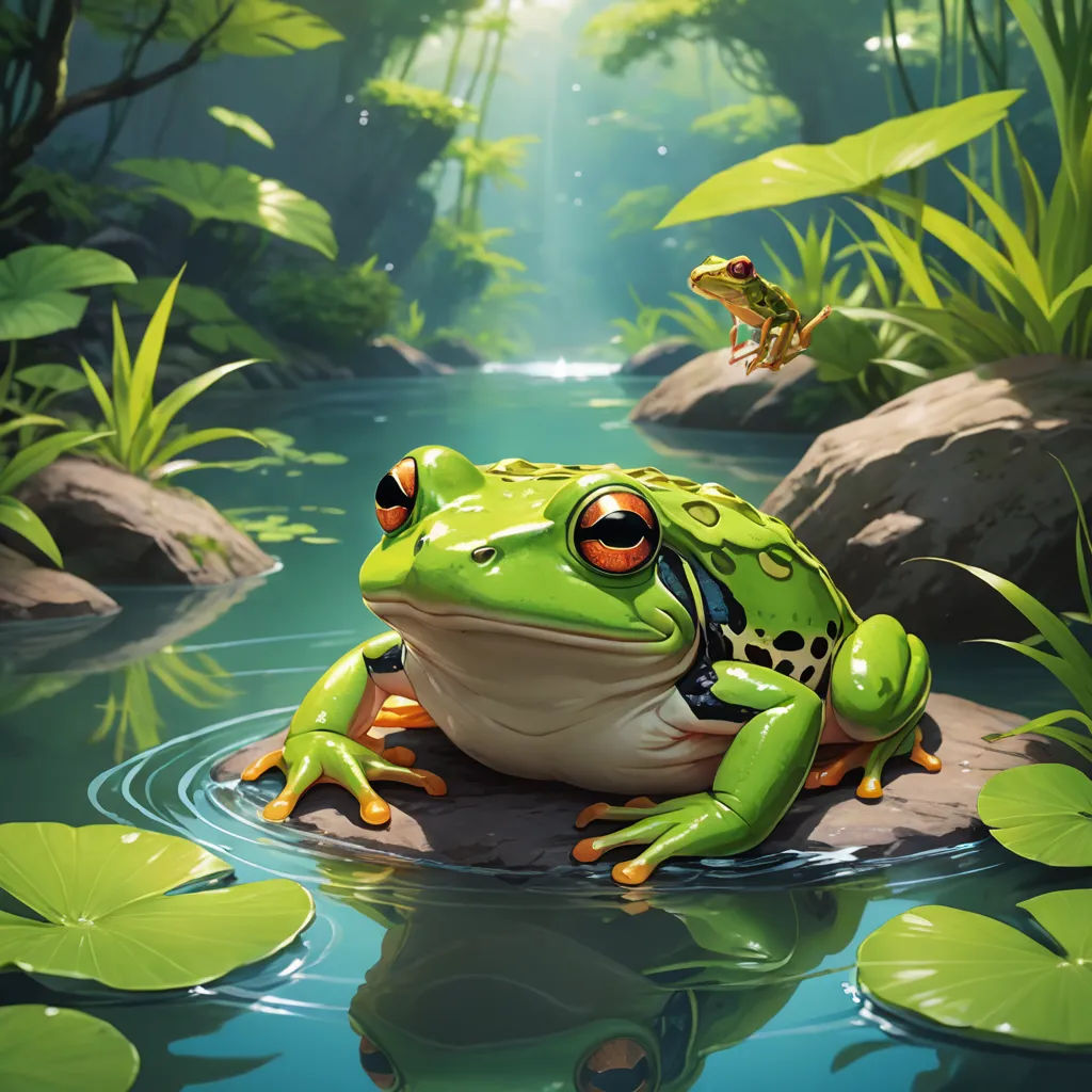a frog sitting on a rock in a pond with lily pads and a frog flying above it in the background, fantasy art, a storybook illustration, Chris LaBrooy, magic the gathering artwork