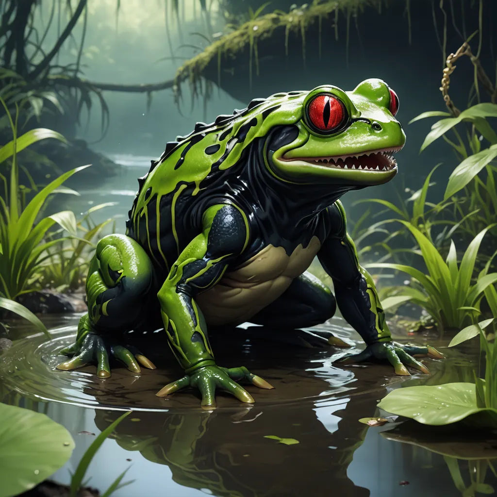 a frog with red eyes sitting in a pond of water with lily pads and plants around it, with a dark background, fantasy art, a 3D render, Alex Horley-Orlandelli, highly detailed digital painting