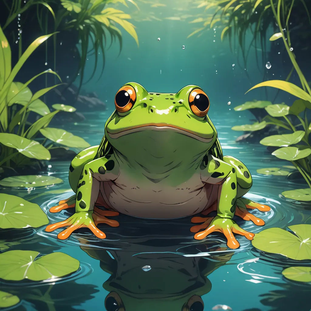 a frog sitting on top of a body of water surrounded by lily pads and plants with a bright light shining on the background, fantasy art, a digital painting, Andries Stock, highly detailed digital painting