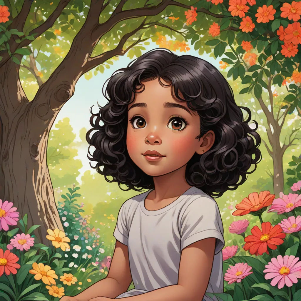 a painting of a girl sitting in a field of flowers with a tree in the background and a background of flowers, a storybook illustration, Alice Prin, photorealism, highly detailed digital painting