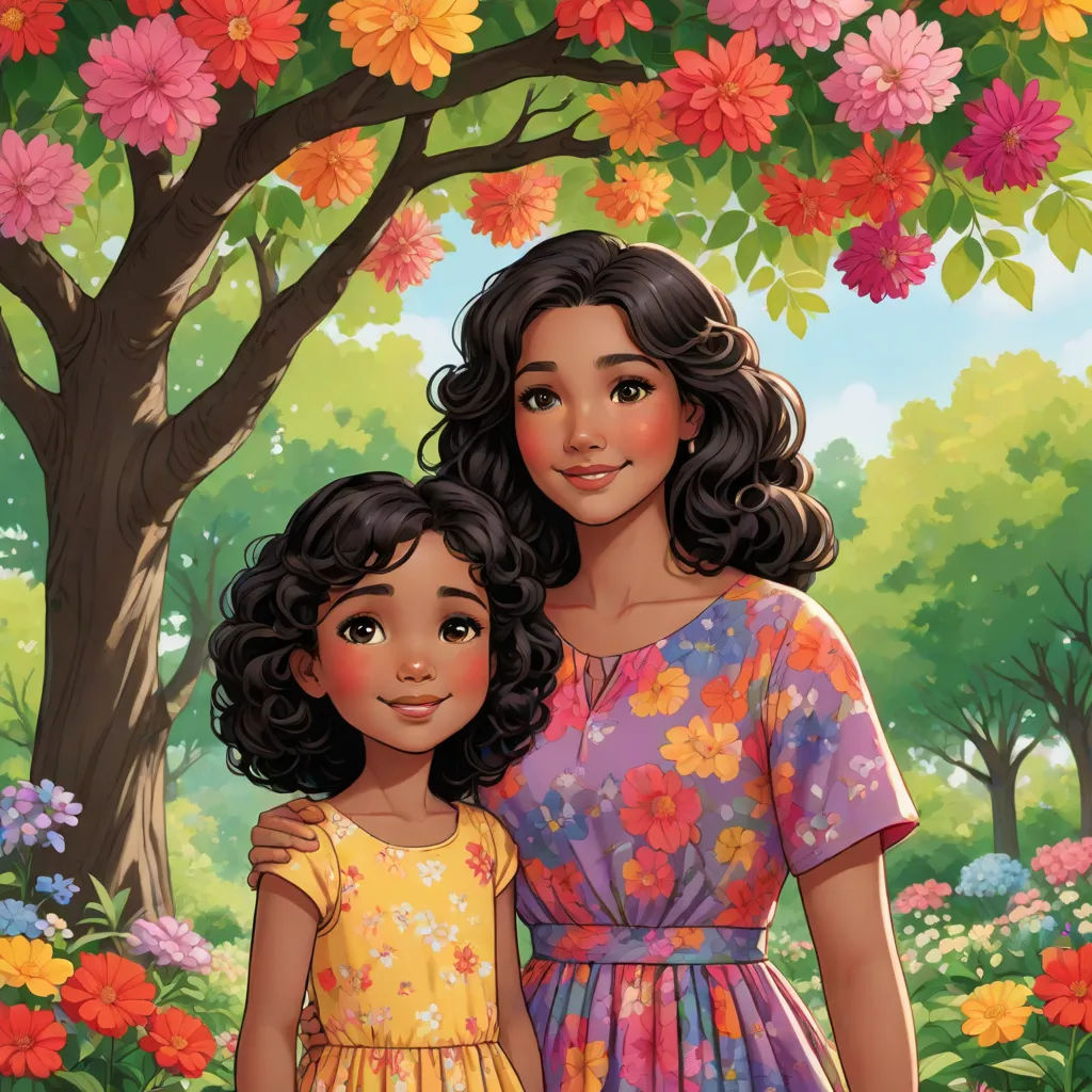 a painting of a mother and daughter in a park with flowers on the trees and flowers on the ground, a storybook illustration, Ella Guru, american scene painting, comic cover art