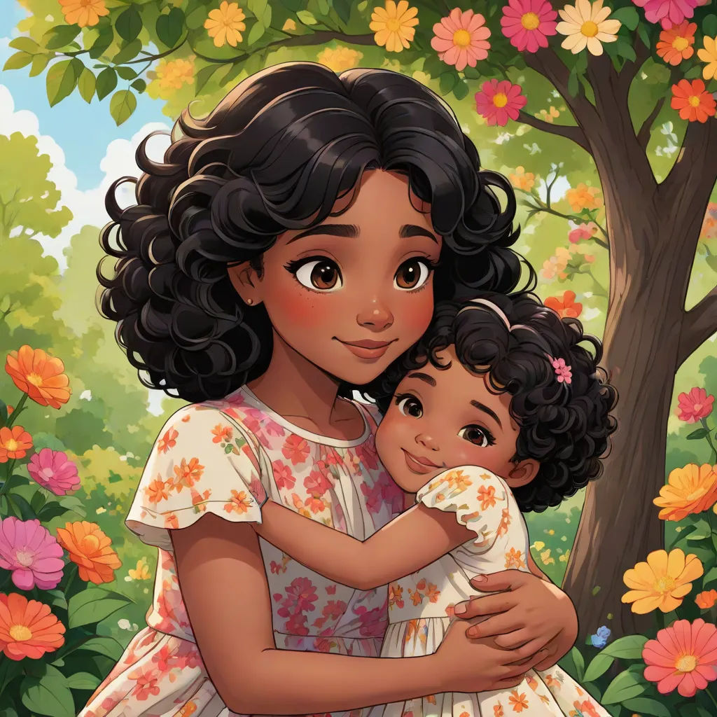 a painting of a young girl hugging a younger girl in a flowery park with a tree in the background, a storybook illustration, disney, context art, pixar and disney animation